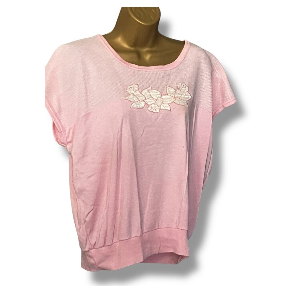 Vintage 80s Pink Floral Applique Batwing Dolman Top XL Slouchy Pastel Knit Shirt